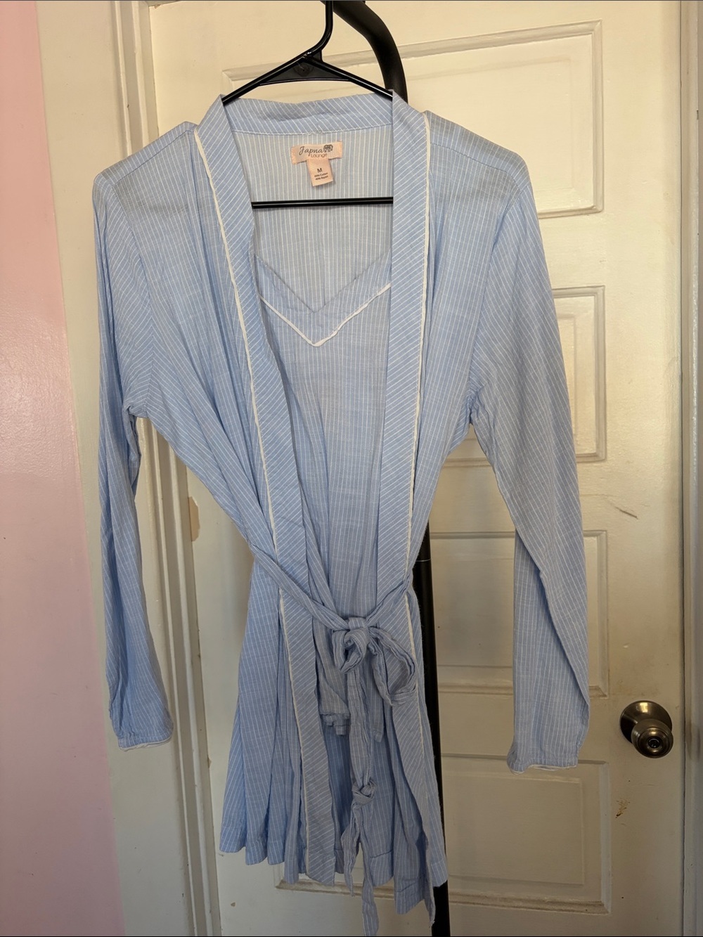 Japna Light Blue Pinstripe Wrap Robe With Tank And Tie